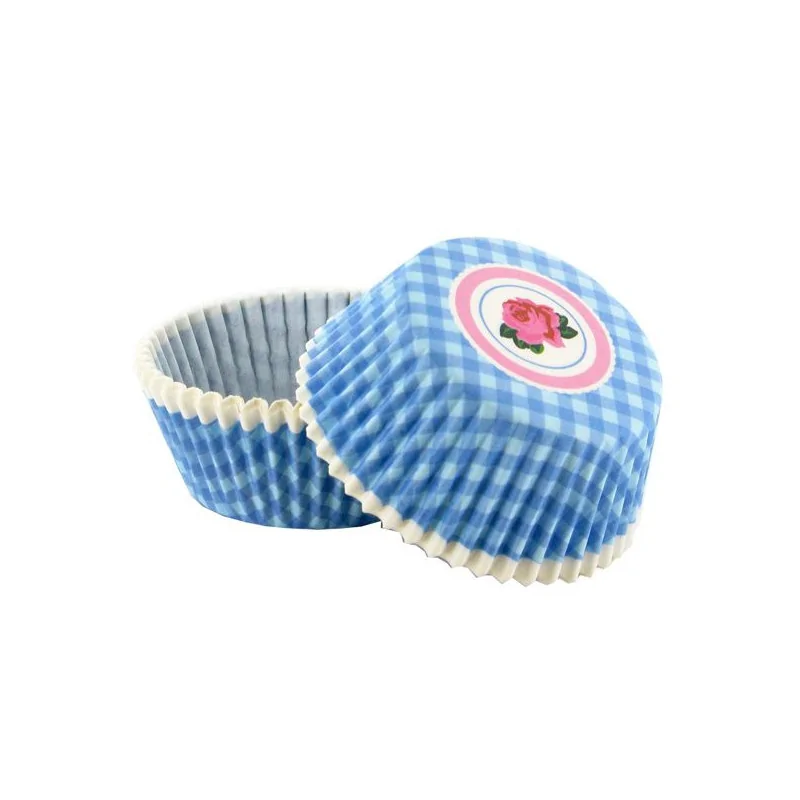 Caissette cupcake vichy bleu décor rose (x 50)