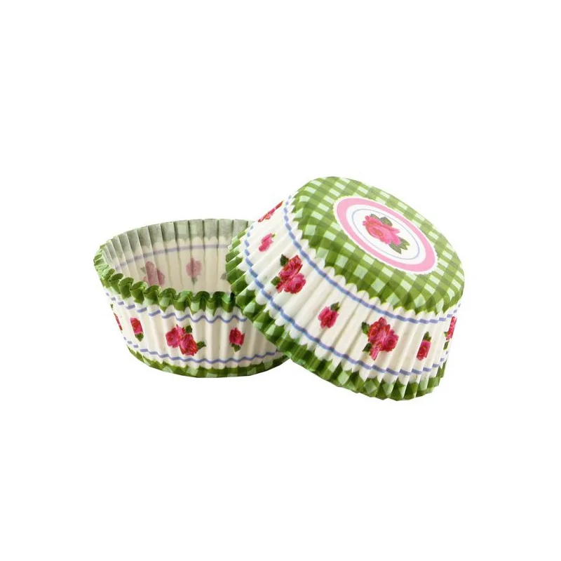 Caissette cupcake vichy vert décor rose (x 50)