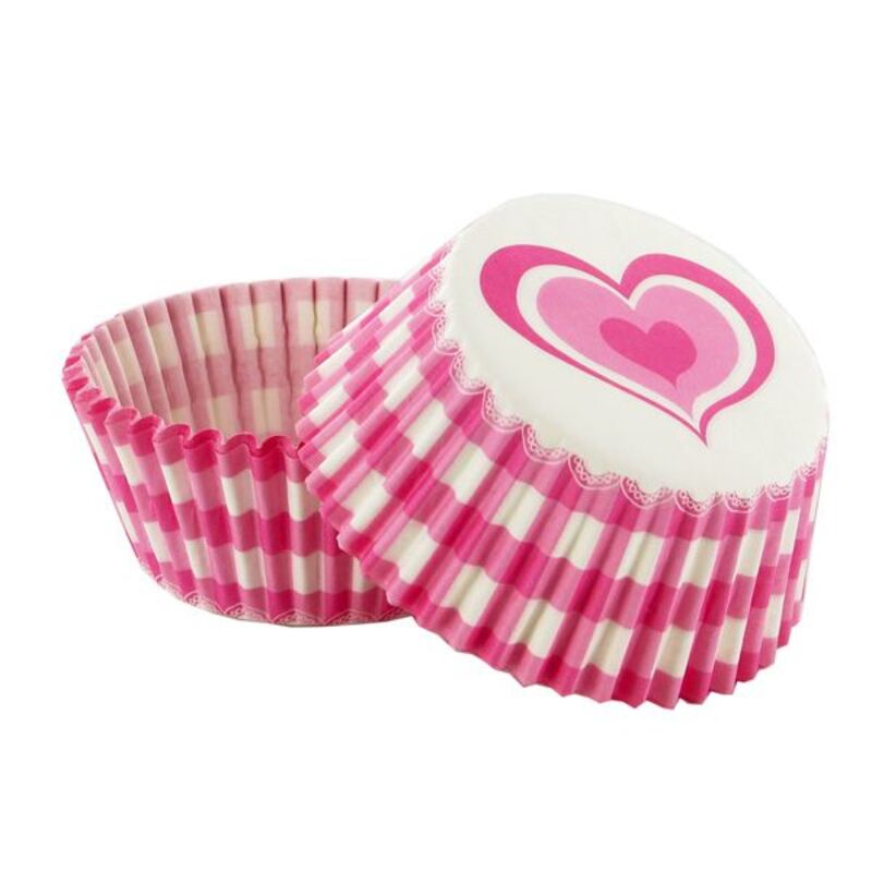 Caissette cupcake vichy rose décor coeur  (x 50)