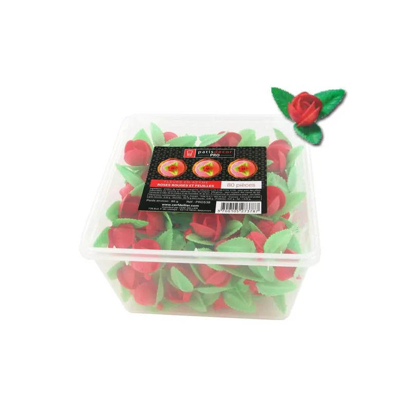80 roses rouges et feuilles en azyme Patisdécor Pro