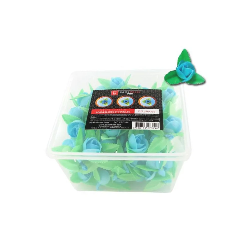 80 roses bleues et feuilles en azyme Patisdécor Pro