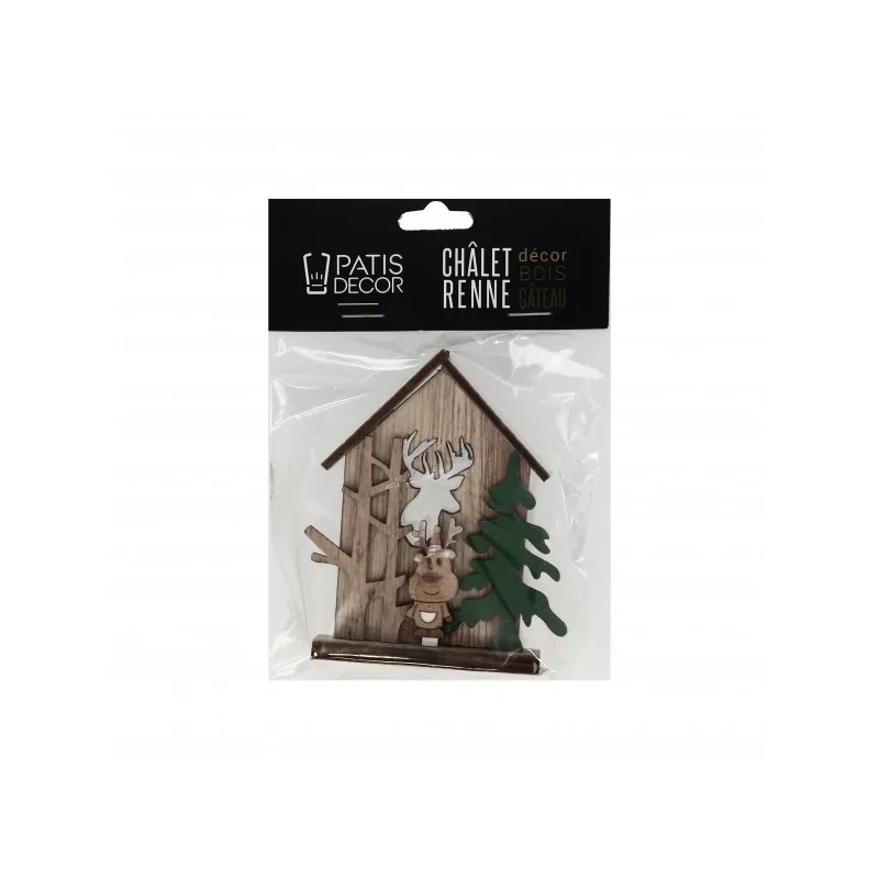 Cake topper en bois chalet de Noël Renne Patisdécor