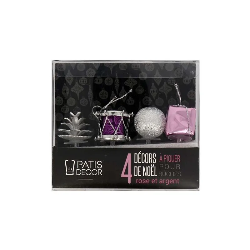 4 décors de Noël rose argent à piquer sur buche