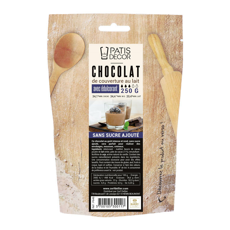 Chocolat de couverture au lait sans sucre ajouté Patisdécor 250 g
