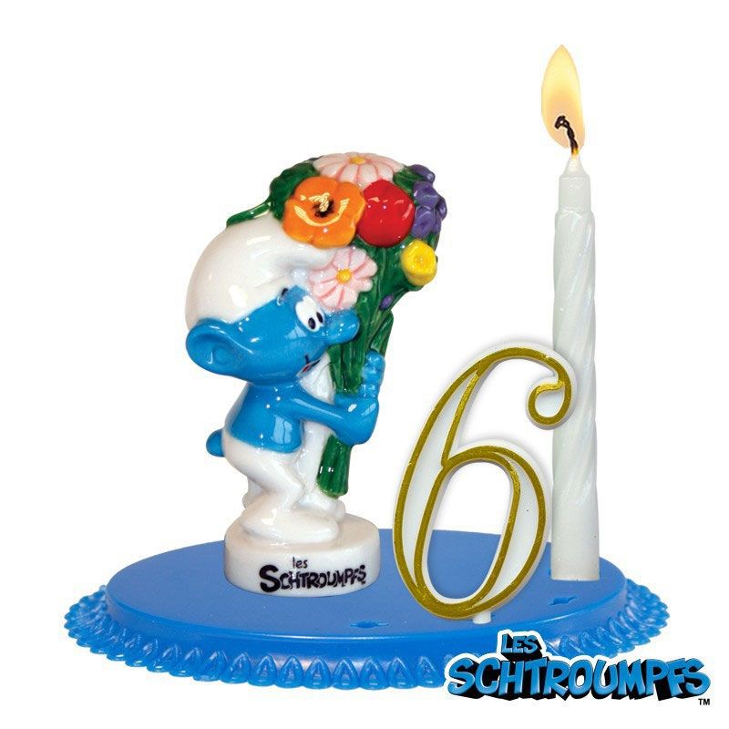 Gâteau anniversaire Les Schtroumpfs : bougie + chiffres + figurine