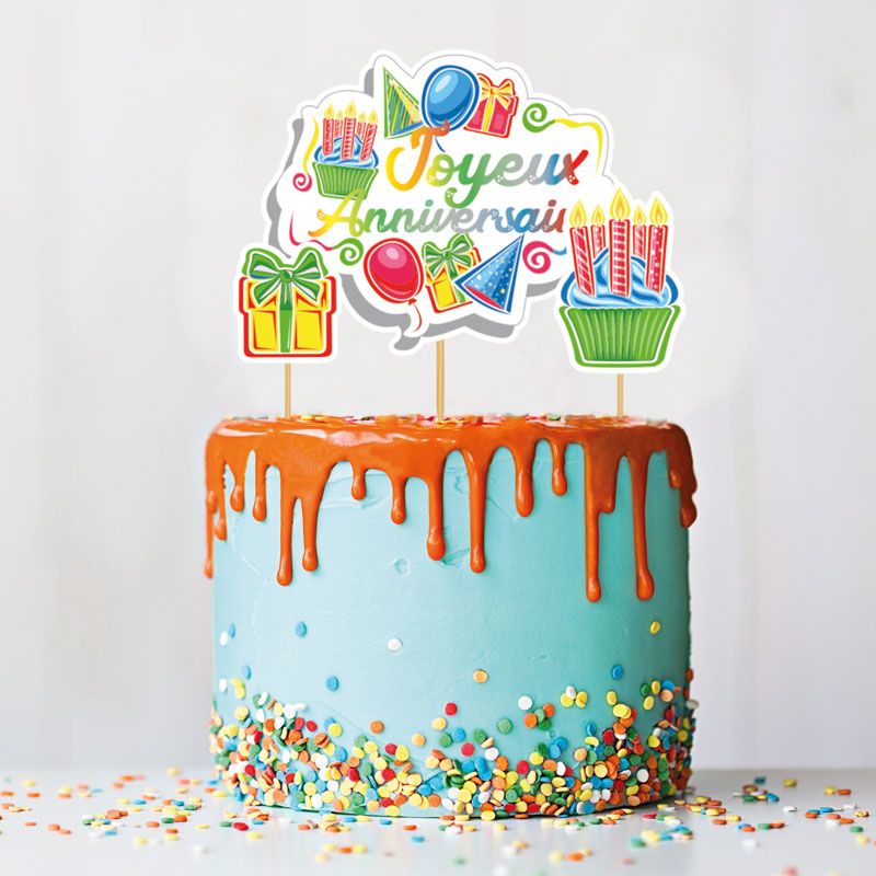 Cake topper assortis "Joyeux anniversaire" thème anniversaire enfantin