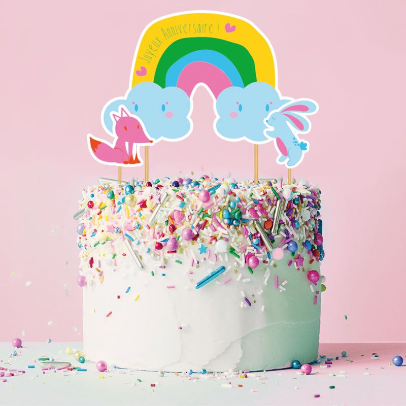 Cake topper assortis "Joyeux anniversaire" thème Arc-en-ciel