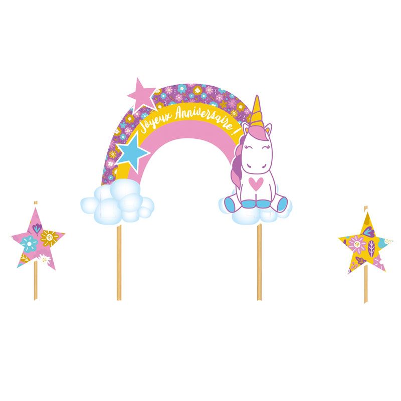 Cake topper assortis "Joyeux anniversaire" thème Licorne