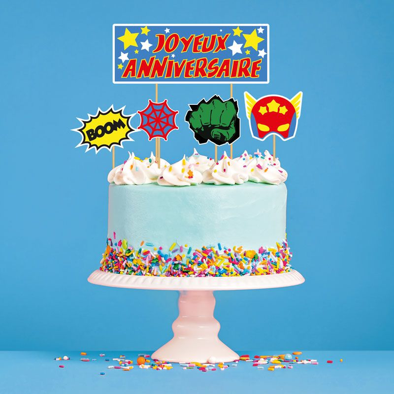 Cake topper assortis "Joyeux anniversaire" thème Super-héros