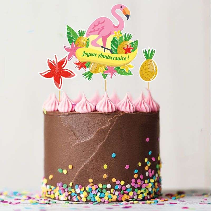 Cake topper assortis Joyeux anniversaire thème Tropical