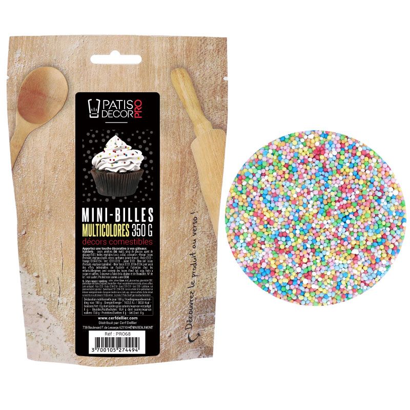 Décors mini billes multicolores comestibles Patisdécor Pro 350 g