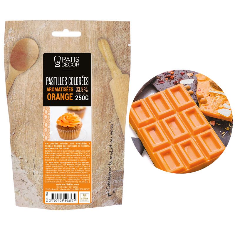 Chocolat de couverture blanc coloré arôme Orange pistoles 250 g