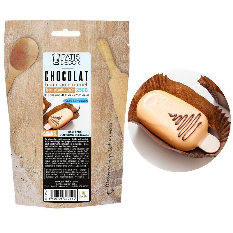 Chocolat blanc au caramel spécial préparations glacées Patisdécor 250 g