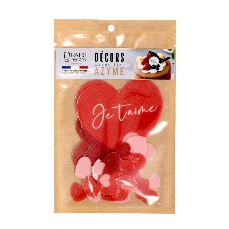 Décors comestibles en azyme assortis thème St Valentin "Je t'aime"