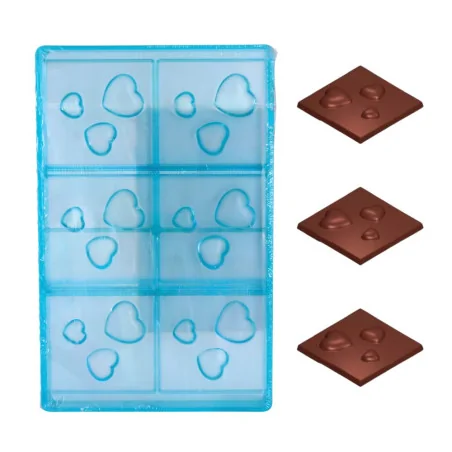 Moule chocolat 6 carrés avec 3 cœurs en relief