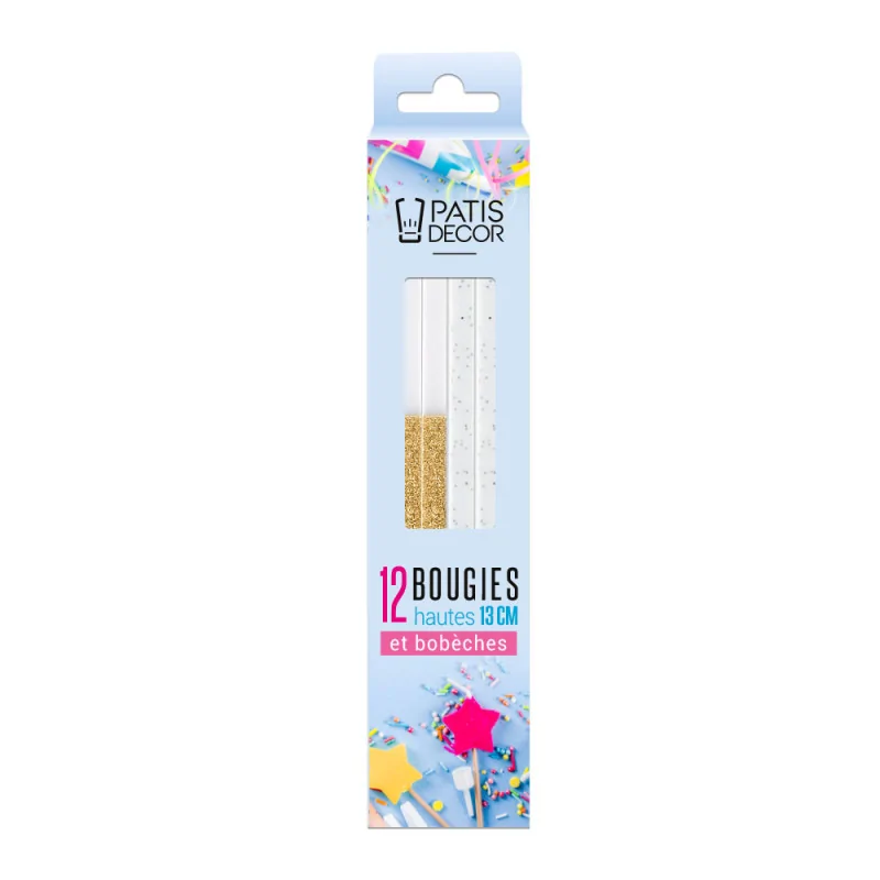 Bougies bicolores dorées hautes 13 cm avec bobèches packaging