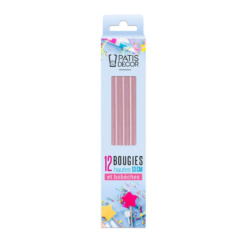 12 bougies roses hautes 13 cm packaging