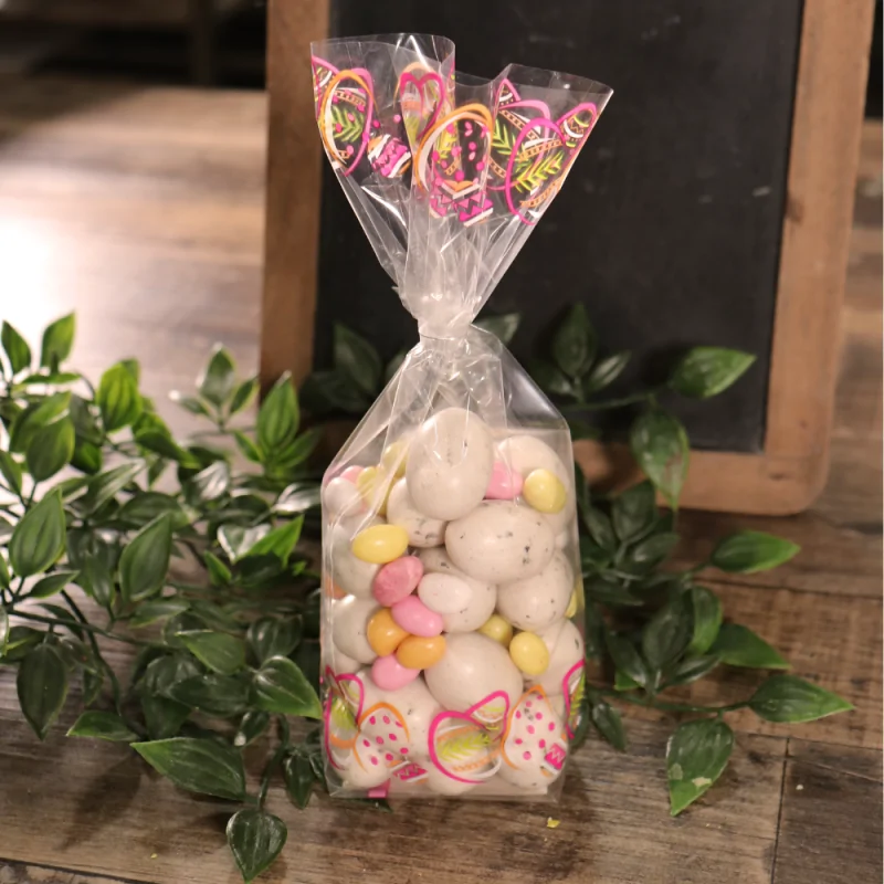 Sachets polypro à fond carton argenté, décor œufs de Pâques ambiance