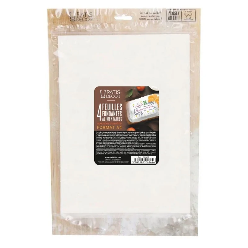 4 feuilles fondantes alimentaires spéciales chantilly A4