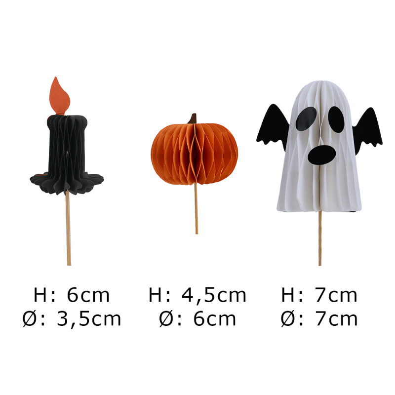 Décors à piquer en papier nid d'abeille, 3 décors thème halloween dimensions