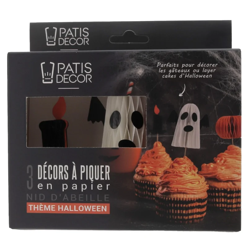 Décors à piquer en papier nid d'abeille, 3 décors thème halloween emballage