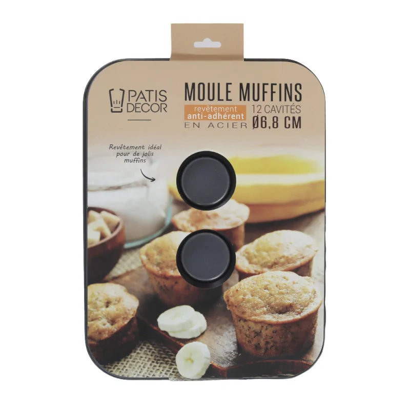 Moule 12 muffins en acier antiadhérent Ø6,8cm emballage