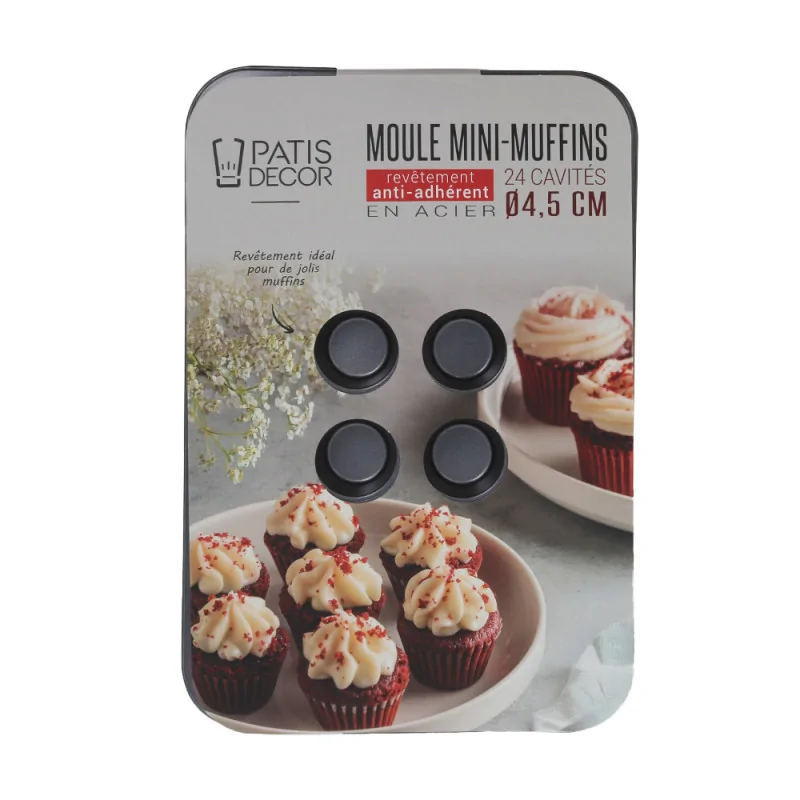 Moule 24 mini-muffins en acier antiadhérent Ø4,5cm emballage