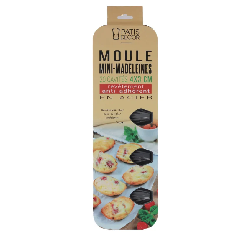 Moule 20 mini-madeleines en acier antiadhérent 4x3cm emballage