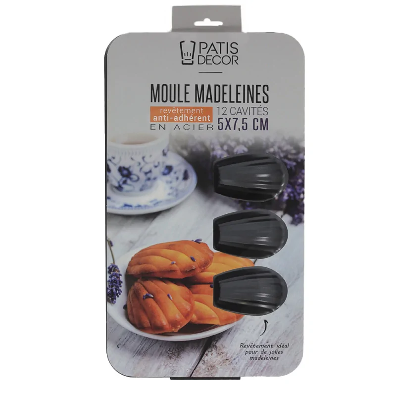 Moule 12 madeleines en acier anti-adhérent 7,5x5cm emballage