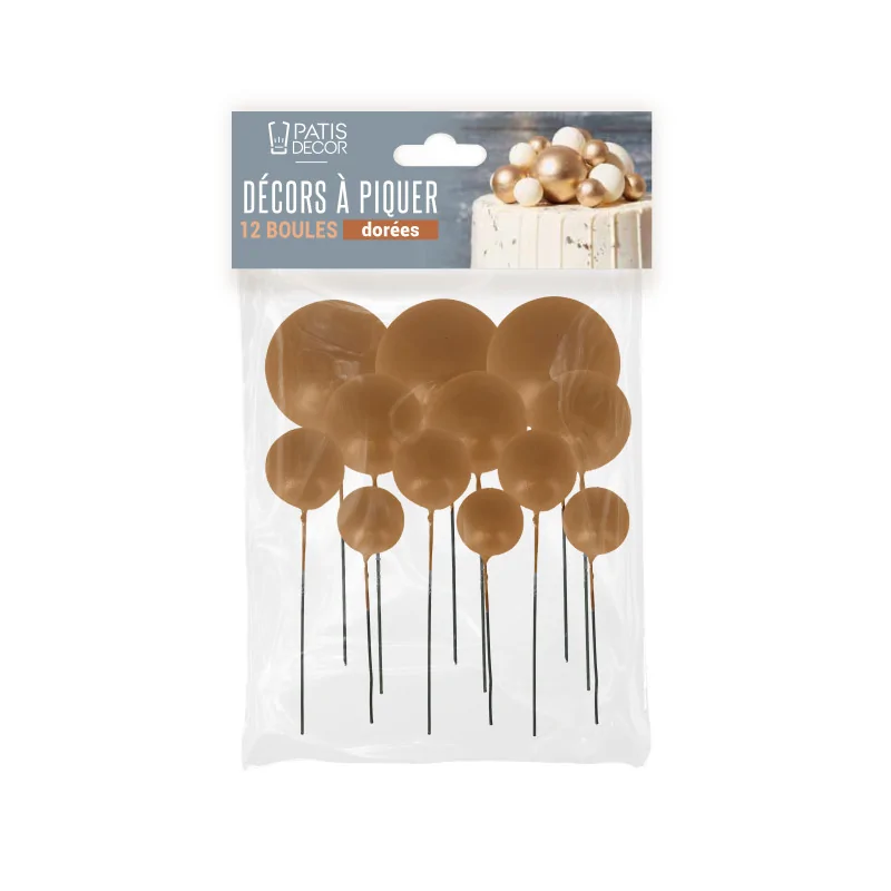 Décors à piquer de 12 boules dorées emballage