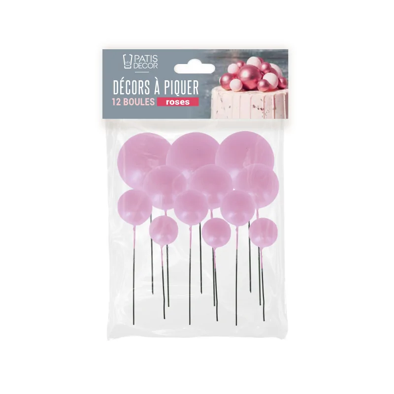 Décors à piquer de 12 boules roses emballage