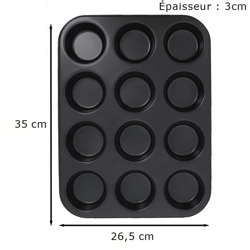 Moule 12 muffins en acier antiadhérent Ø6,8cm dimensions