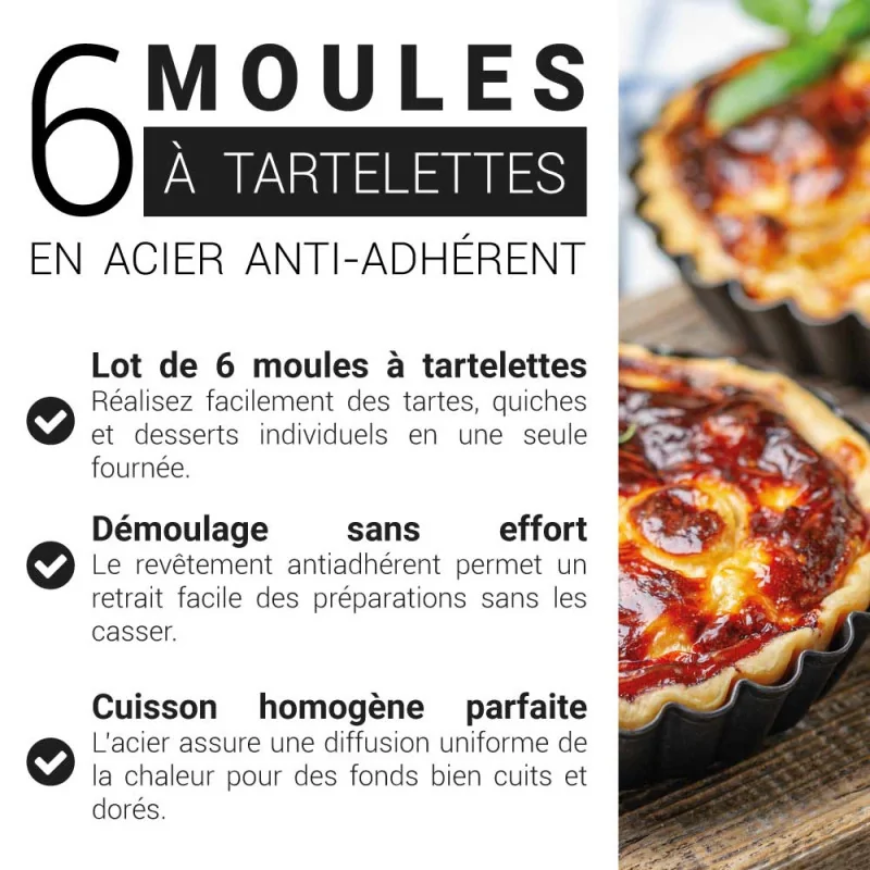 6 moules à tartelettes en acier antiadhérent sans PFAS ø11,5cm