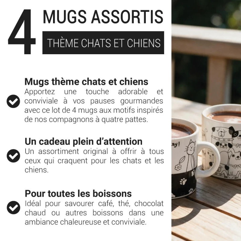 Lot de 4 tasses assorties thème "Chats et Chiens"