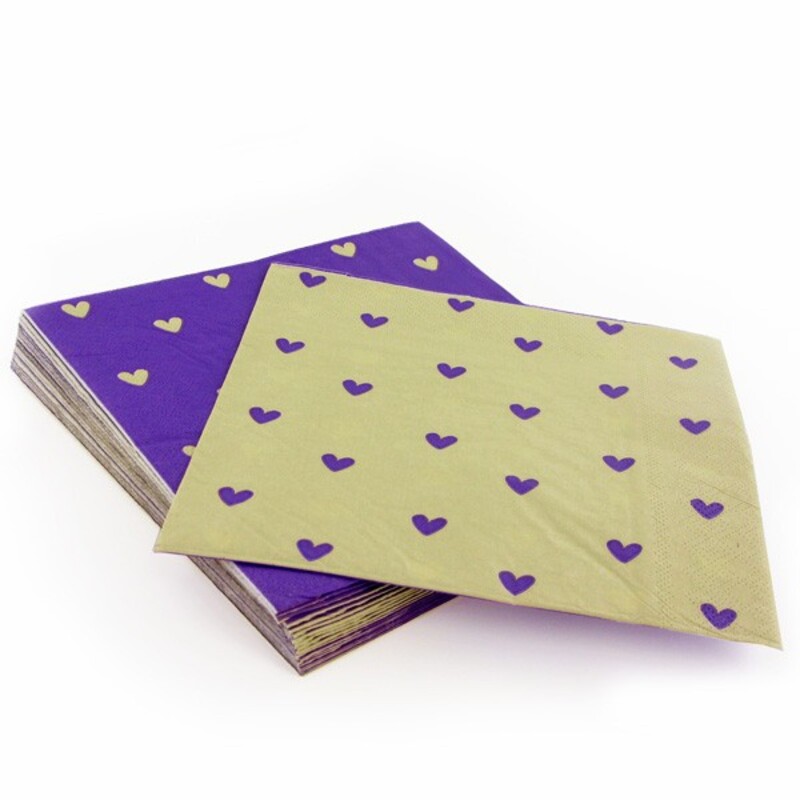 20 Serviettes en papier lin coeurs Violets Gatodéco